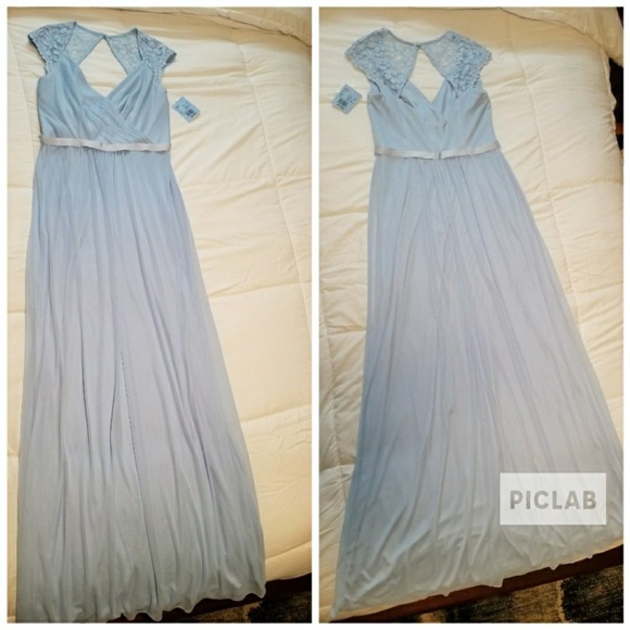 Long Mesh Dress with Cap Sleeves Ice Blue David’s Bridal Dress - Picture 5 of 5